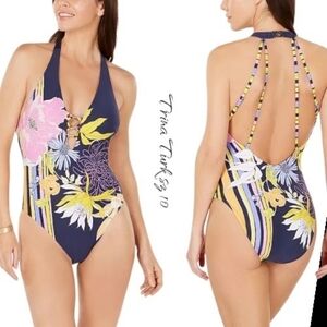 🥳SOLDE🥳 Trina Turk Bal Harbour Floral V-Plunge Strappy One Piece Swimsuit  10